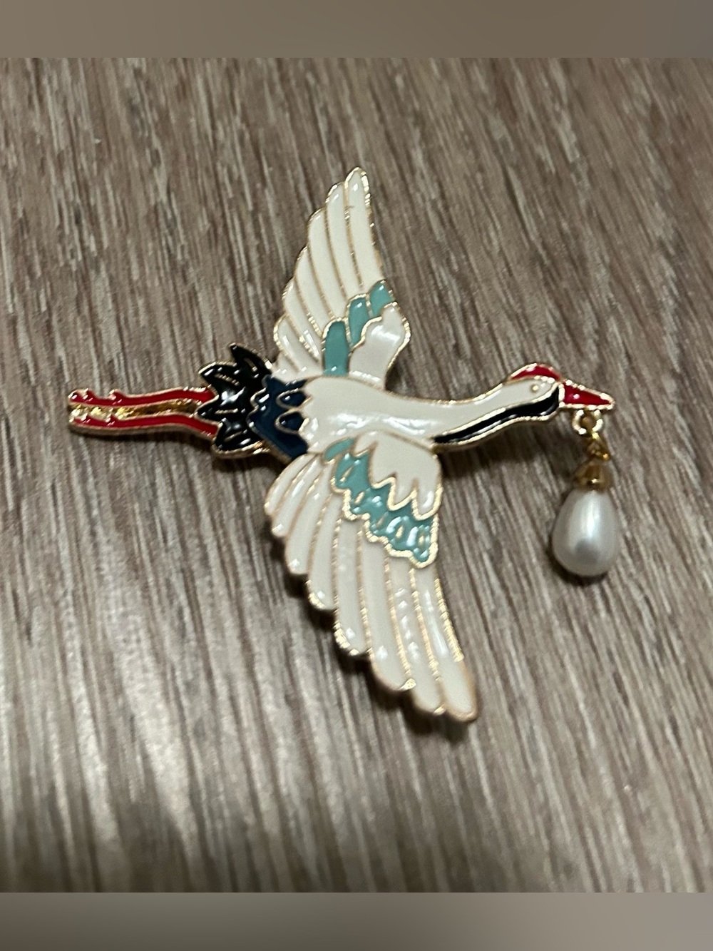 Enamel Crane Brooch with Pearl Drop - White & Teal Accents